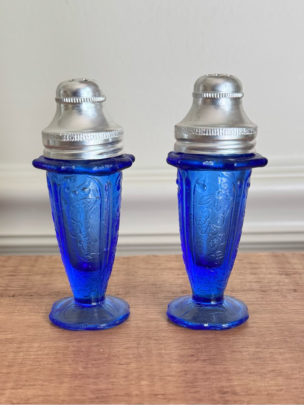Vintage 4" Cobalt Blue Cherry Blossom Embossed Salt & Pepper Shaker Set